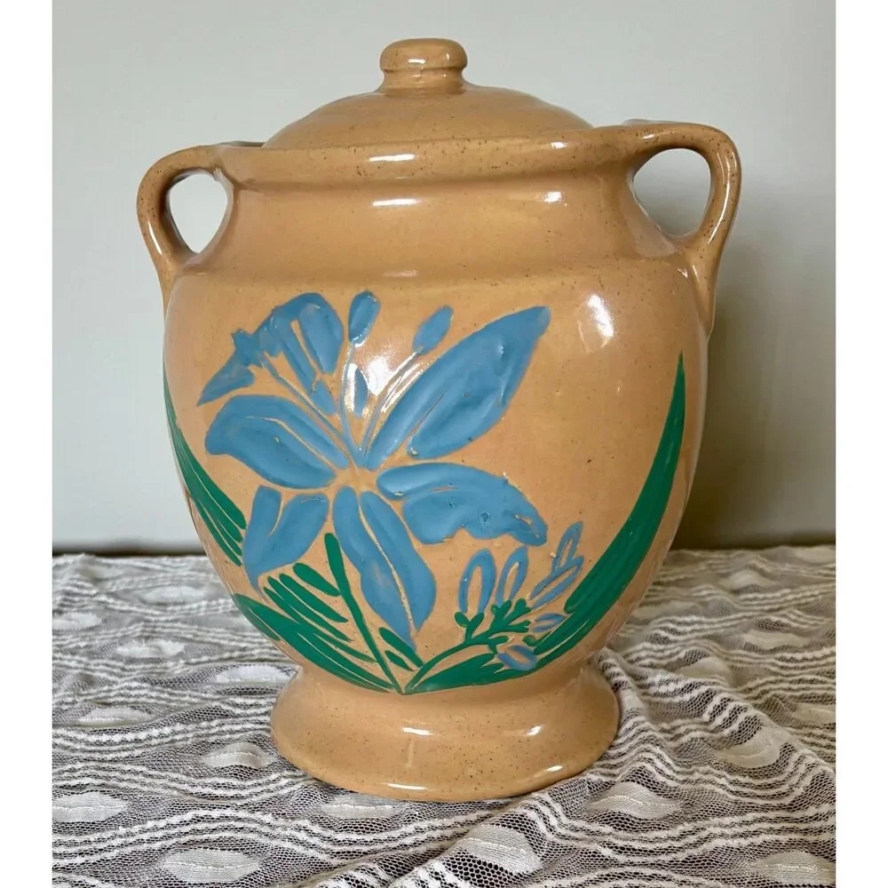 Vintage McCoy Cookie Jar Blue Floral Stoneware Farmhouse Pottery w Lid USA